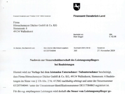 Nachweis zur Steuerschuldnerschaft des Leistungsempfängers bei Bauleistungen §13b